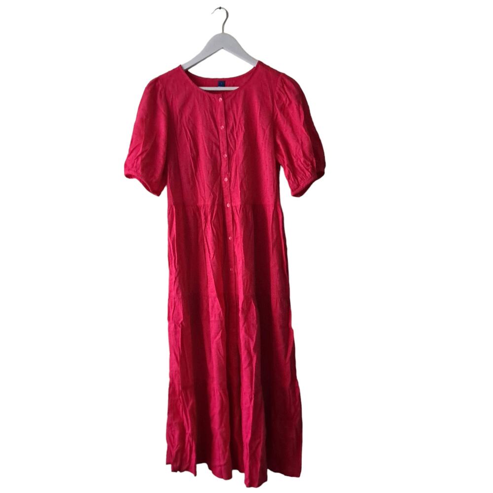 Old Navy Womens Pink Swiss Dot Puff Sleeve Tiered Button Front Midi Dress -Sz M